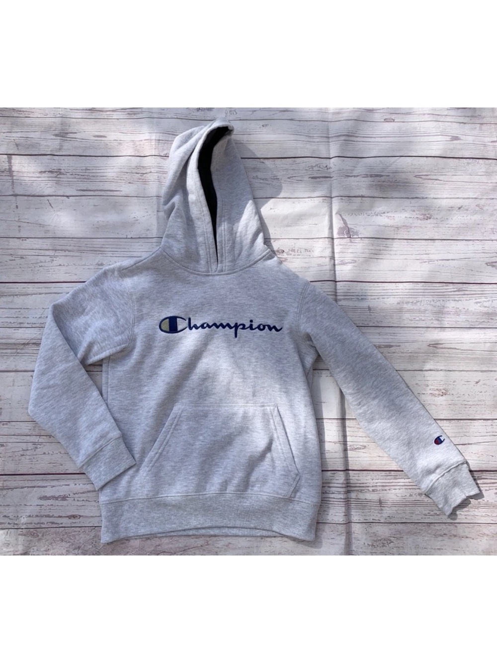 Champion Signature Logo Boy's Youth Sz Medium Grey Hooded Fleece Sweater